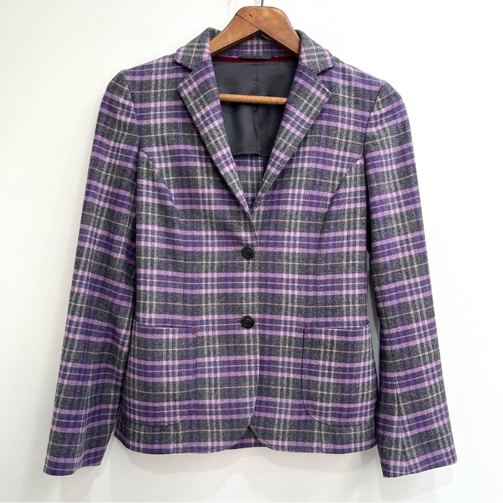 Luciano Barbera 100% Wool Plaid Blazer Purple Gray Two Button Women’s Size 6